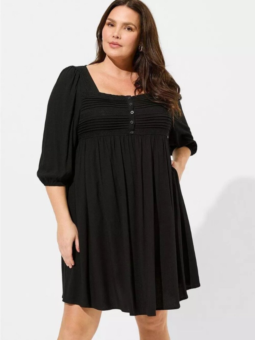 Torrid Mini Rayon Slub Pintuck Neck Skater Dress - Black - Picture 2 of 4